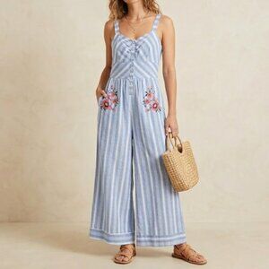 Taylor & Sage Blue White Striped Embroidered Cotton Jumpsuit Wide Leg M